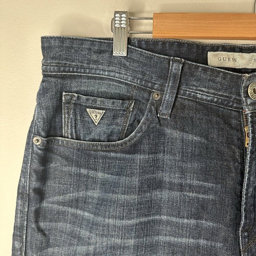 Guess Jeans Mens Blue Denim Falcon Regular Boot Cut Distressed Dark Wash Size 36 - Picture 3 of 13
